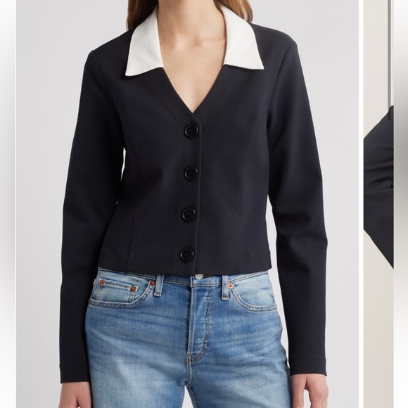 NWT REFORMATION Pia black top white collar long sleeve cropped size medium. - Picture 7 of 12